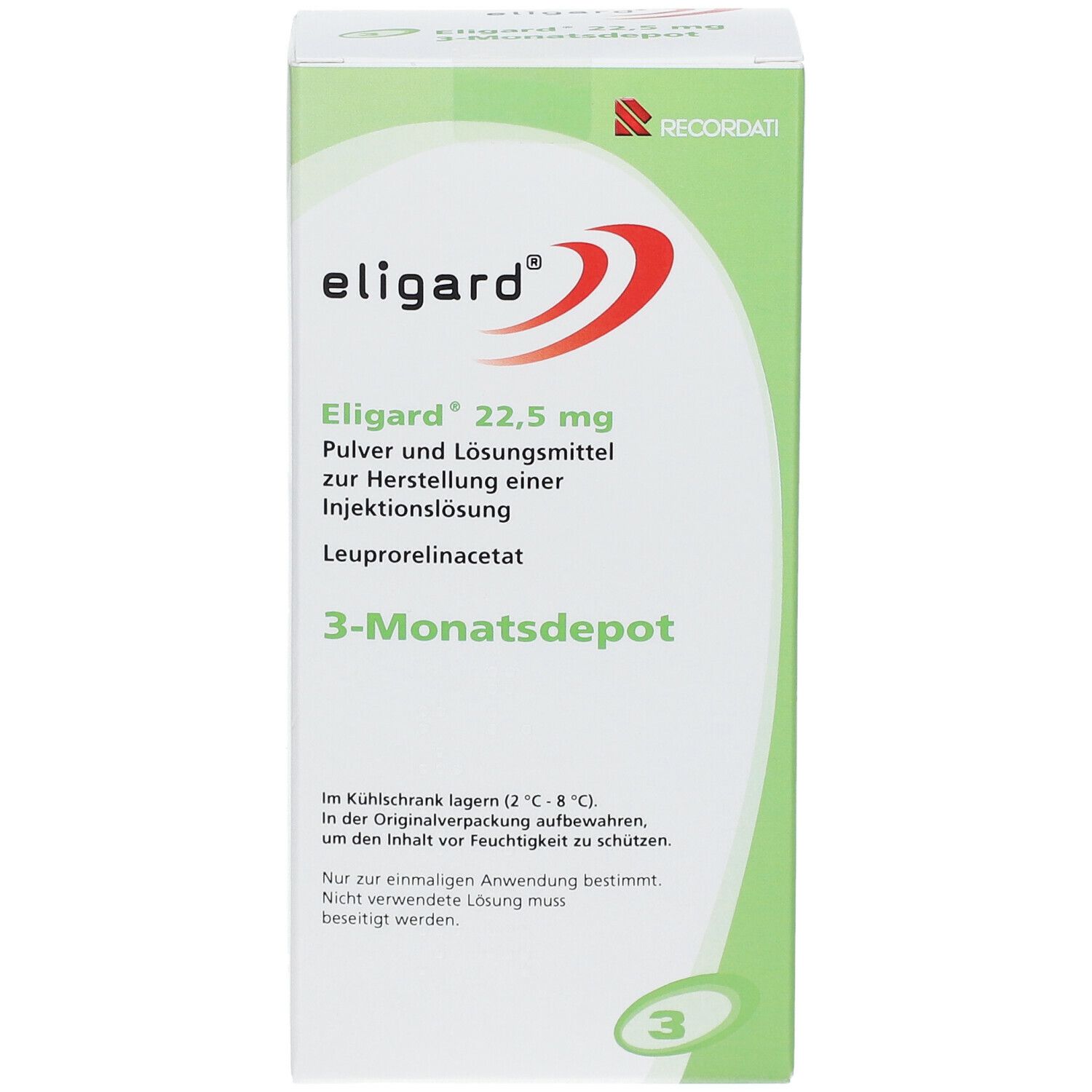 Verpackung von ELIGARD 22,5 mg. Aufschrift: Pulver und Lösungsmittel zur Herstellung einer Injektionslösung. 3-Monatsdepot. Enthält 3 Einheiten.