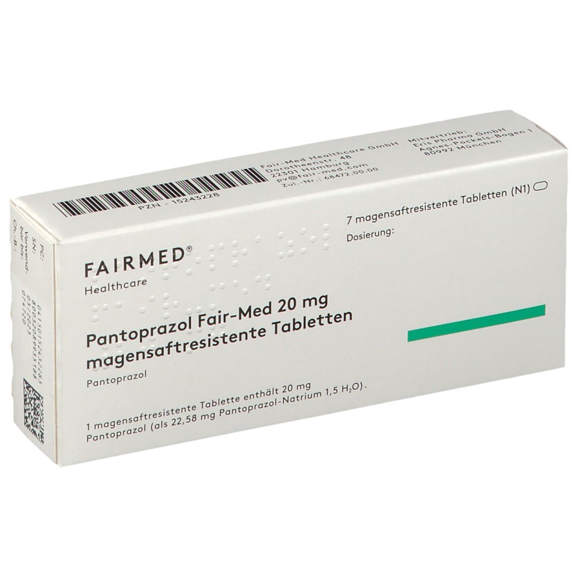 Schachtel mit Pantoprazol Fair-Med 20 mg Tabletten. Aufschrift: 7 magensaftresistente Tabletten.