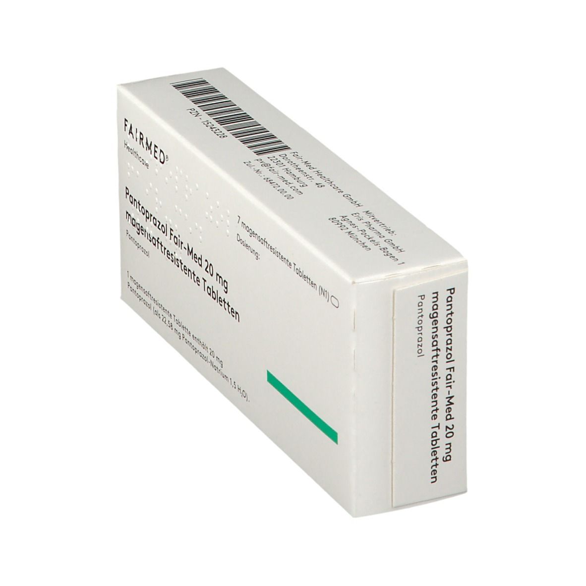 Schachtel mit Pantoprazol Fair-Med 20 mg Tabletten. Seitenansicht mit Barcode und Aufschrift.