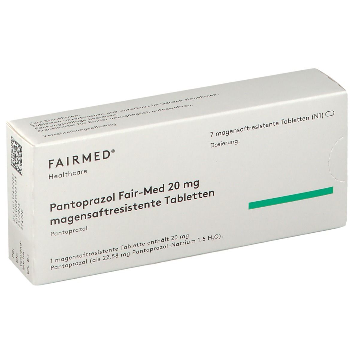 Schachtel mit Pantoprazol Fair-Med 20 mg Tabletten. Aufschrift: 7 magensaftresistente Tabletten.