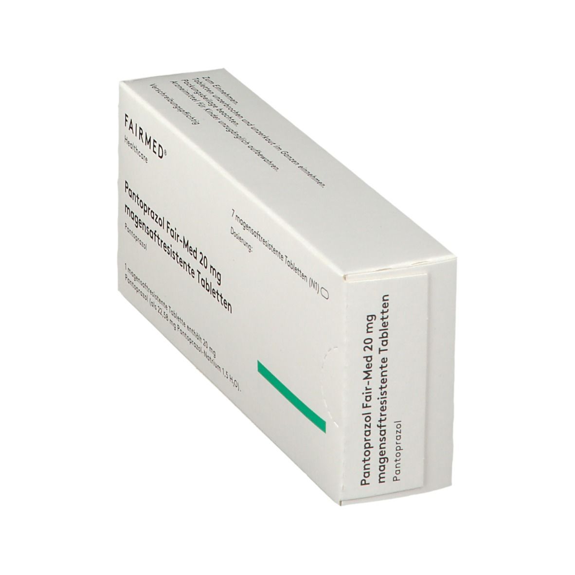 Schachtel mit Pantoprazol Fair-Med 20 mg Tabletten. Seitenansicht mit Barcode und Aufschrift.