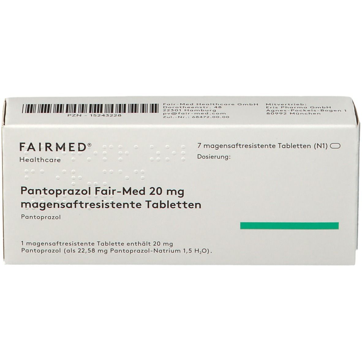 Schachtel mit Pantoprazol Fair-Med 20 mg Tabletten. Aufschrift: 7 magensaftresistente Tabletten.