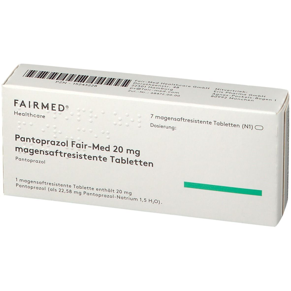 Schachtel mit Pantoprazol Fair-Med 20 mg Tabletten. Aufschrift: 7 magensaftresistente Tabletten.