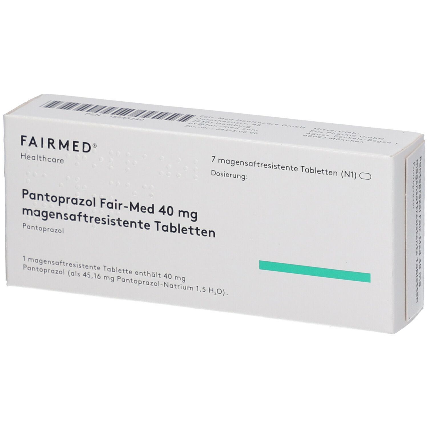 Weiße Faltschachtel mit Produktaufdruck. Aufschrift: Pantoprazol Fair-Med 40 mg, magensaftresistente Tabletten. Marke: FAIRMED.