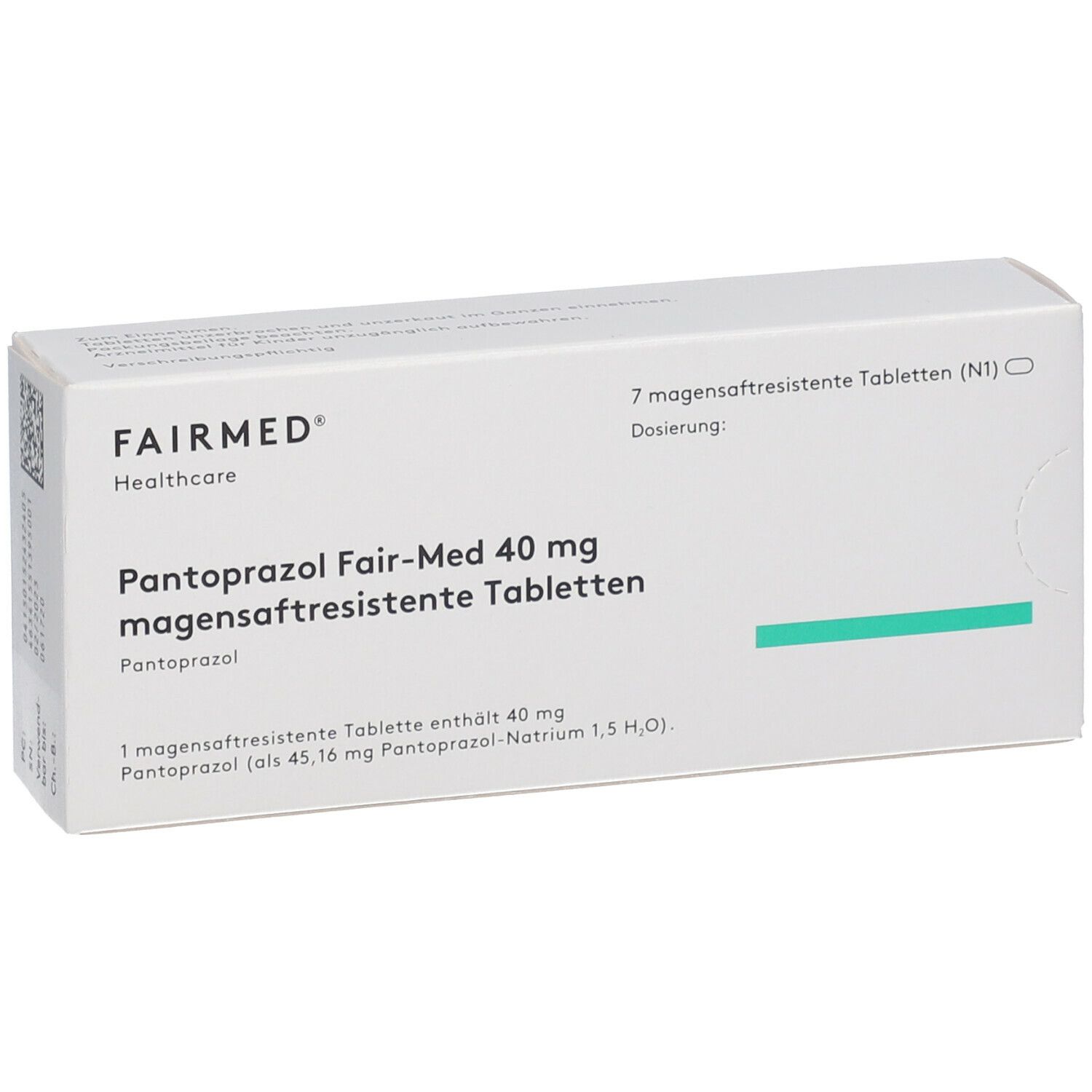 Weiße Faltschachtel mit Produktaufdruck. Aufschrift: Pantoprazol Fair-Med 40 mg, magensaftresistente Tabletten. Marke: FAIRMED.