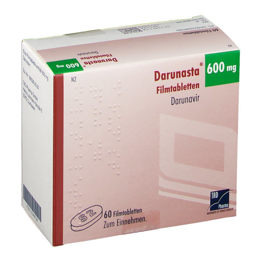 Schachtel Darunasta® 600 mg Filmtabletten. Grün-weiße Verpackung mit rotem Akzent. Enthält 60 Tabletten. TAD Pharma Logo.