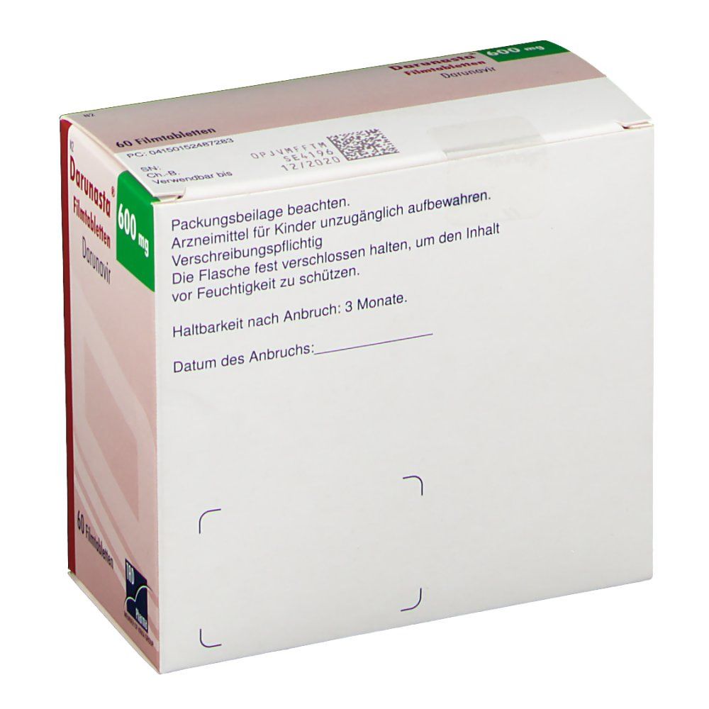 Rückseite der Darunasta® 600 mg Schachtel. Text: Packungsbeilage beachten, Haltbarkeit nach Anbruch: 3 Monate. TAD Pharma Logo.