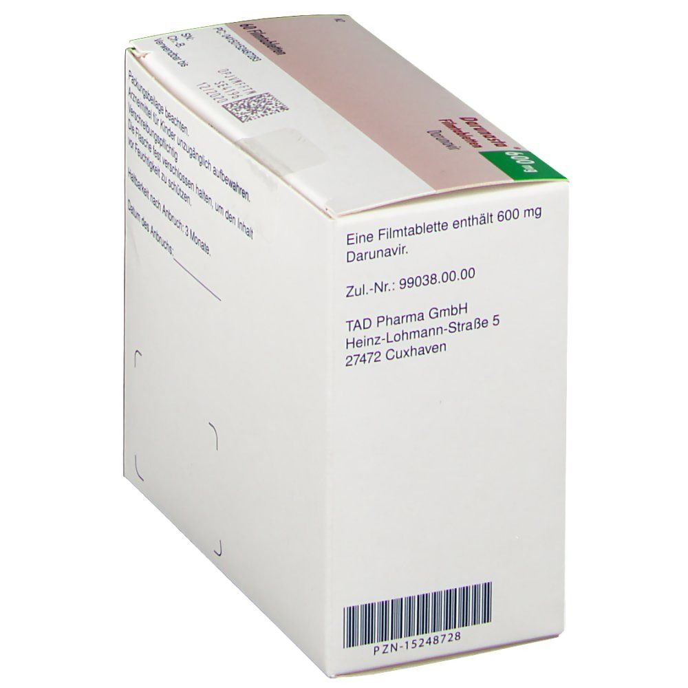 Darunasta® 600 mg Schachtel, schräg. Text: Eine Filmtablette enthält 600 mg Darunavir. TAD Pharma GmbH, Adresse.