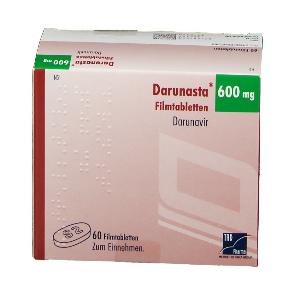 Darunasta® 600 mg Schachtel. Grün-weiße Verpackung mit rotem Akzent. Enthält 60 Filmtabletten. TAD Pharma Logo.