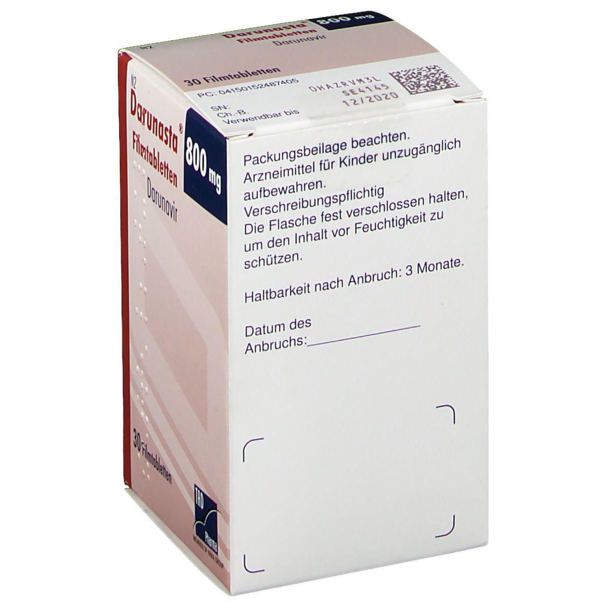 Rückseite der Darunasta 800 mg Filmtabletten-Packung. Text: Packungsbeilage beachten, Haltbarkeit nach Anbruch: 3 Monate.