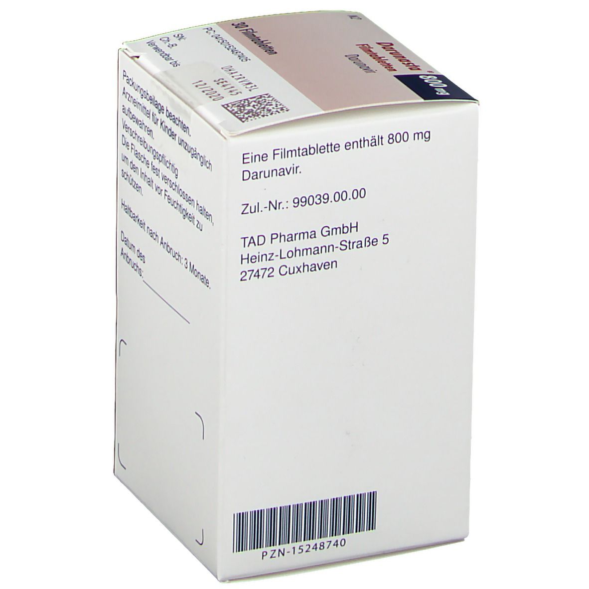 Rückseite der Darunasta 800 mg Filmtabletten-Packung. Text: Zul.-Nr.: 99039.00.00, TAD Pharma GmbH.