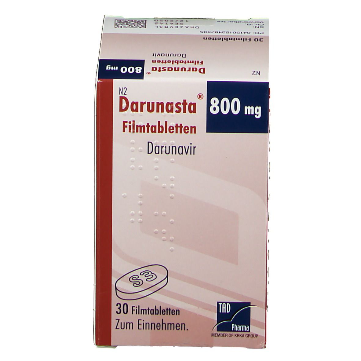 Darunasta 800 mg Filmtabletten-Packung. Aufschrift: Darunavir, 30 Filmtabletten. TAD Pharma Logo. N2.