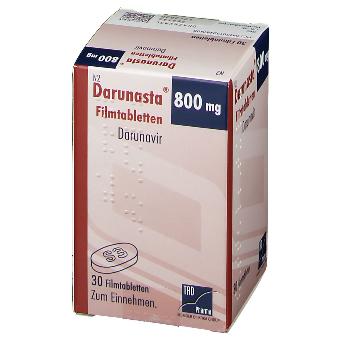 Darunasta 800 mg Filmtabletten-Packung. Aufschrift: Darunavir, 30 Filmtabletten. TAD Pharma Logo. N2.