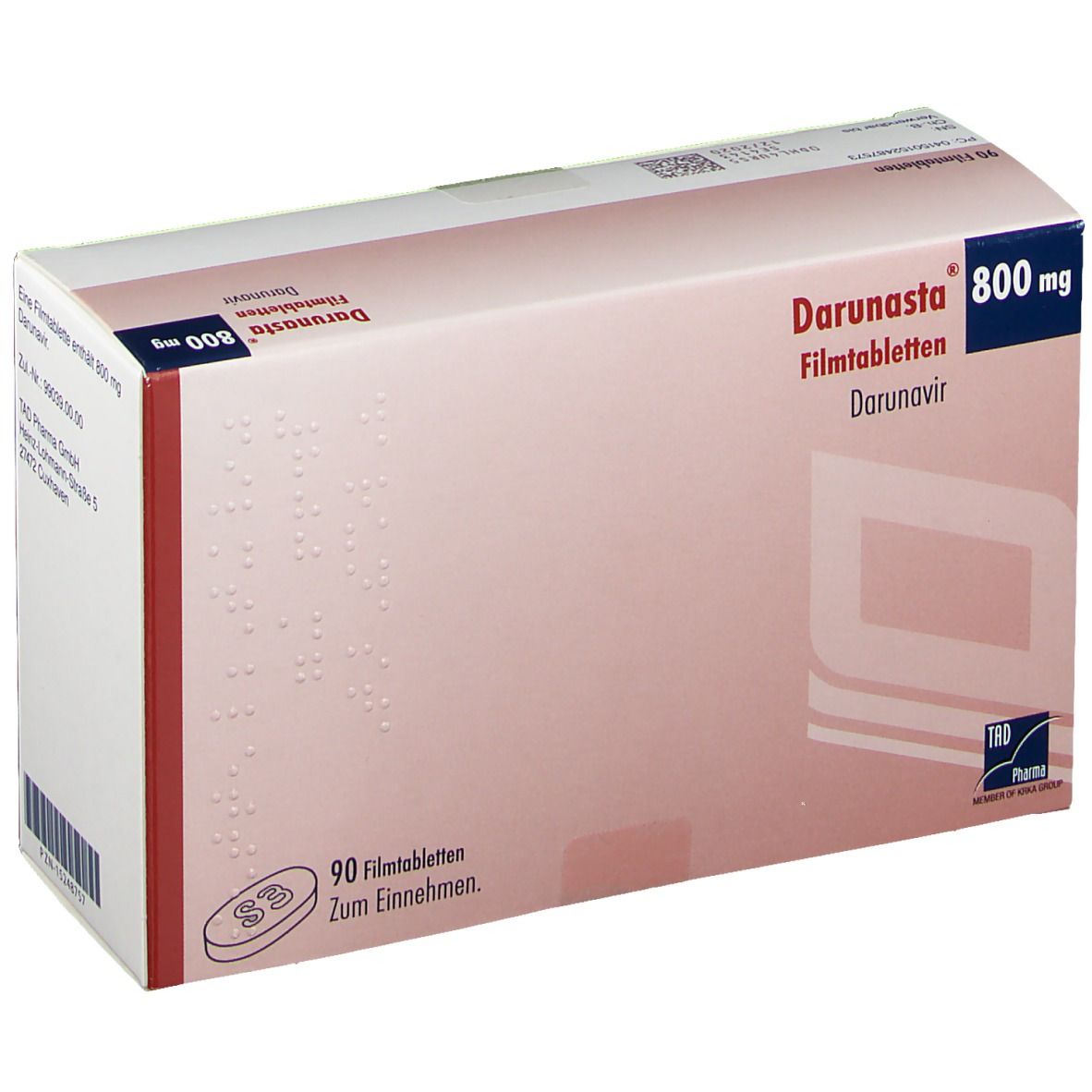 Darunasta 800 mg Filmtabletten-Packung. Enthält 90 Tabletten. Aufschrift: Darunavir. Verpackung mit Logo und Text.