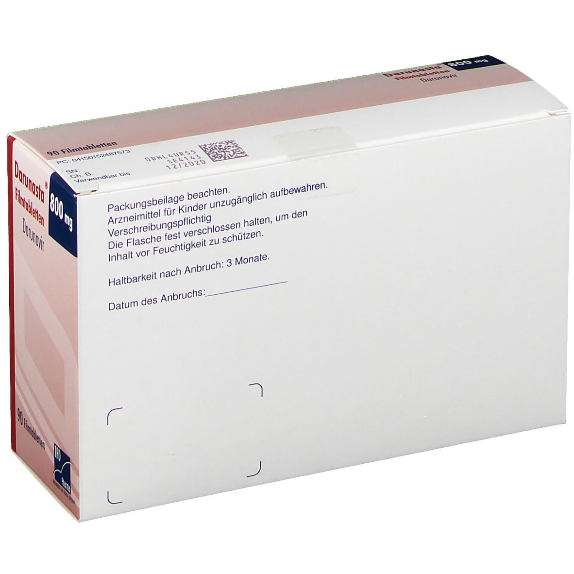 Rückseite der Darunasta 800 mg Packung. Enthält Informationen und Text. Herstellerinformationen und Haltbarkeitsdatum.