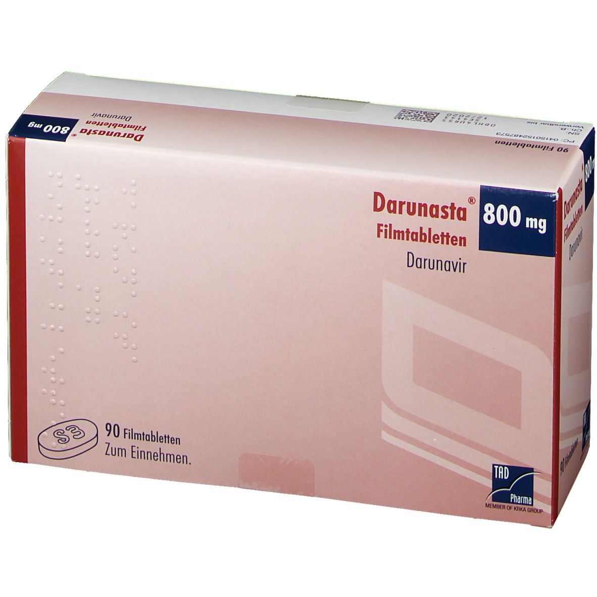 Darunasta 800 mg Filmtabletten-Packung. Enthält 90 Tabletten. Aufschrift: Darunavir. Verpackung mit Logo und Text.
