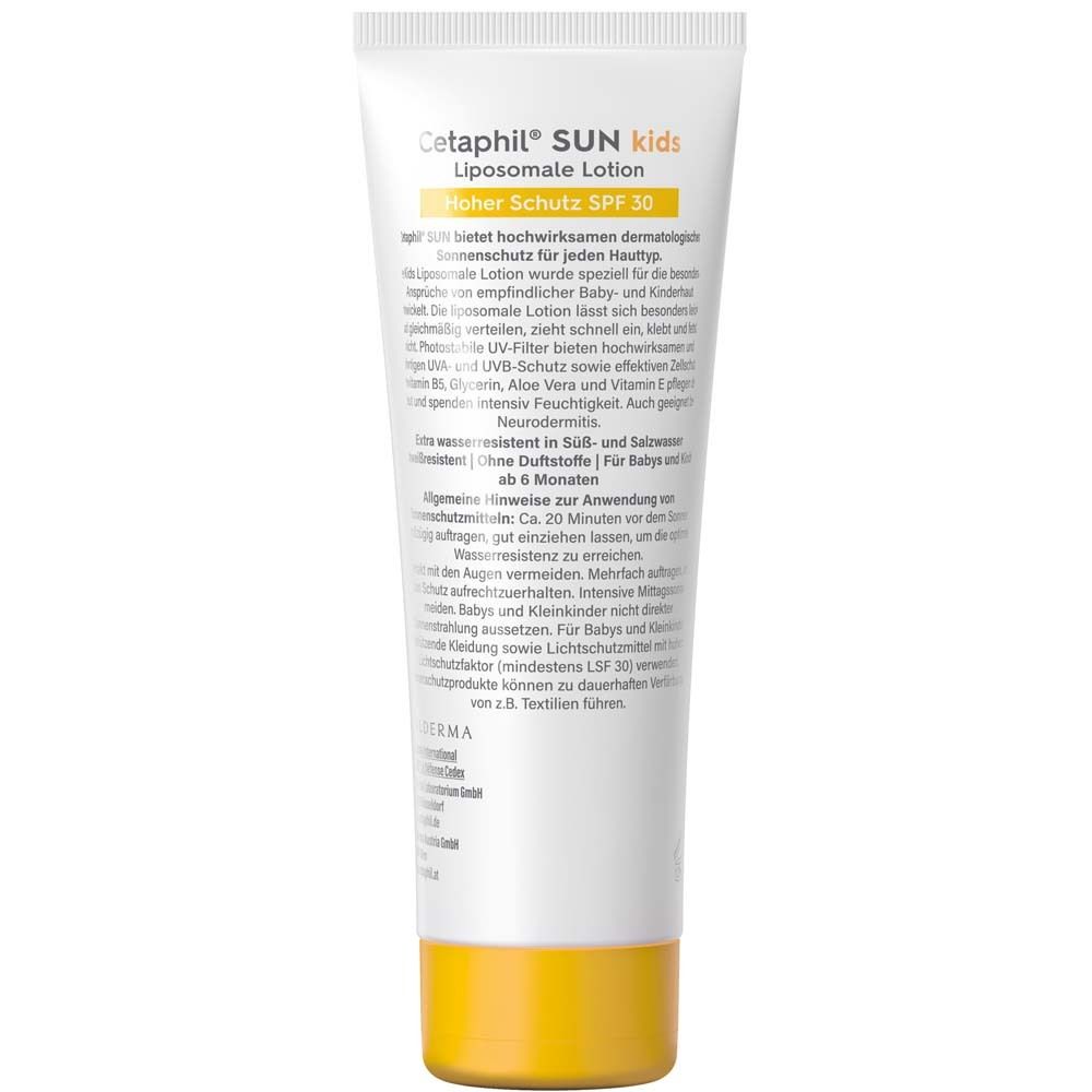 Rückseite der Tube Cetaphil SUN Kids Liposomale Lotion SPF 30. Text und Inhaltsstoffe.