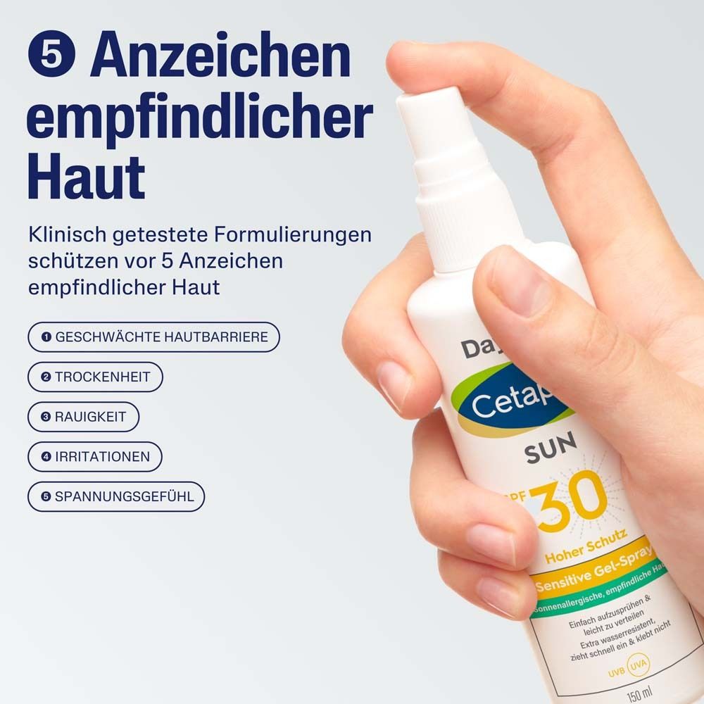 Hand hält Cetaphil Sun Sensitive Gel-Spray SPF 30. Text: 5 Anzeichen empfindlicher Haut. Klinisch getestet.