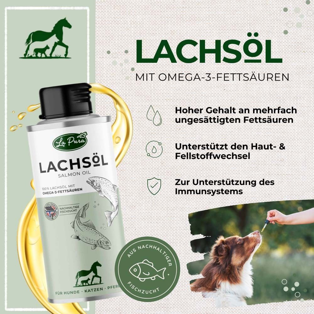 Dose mit Lachsöl, daneben Ölfluss. Text: Lachsöl mit Omega-3-Fettsäuren. Icons: hoher Gehalt, Fellwechsel, Immunsystem.