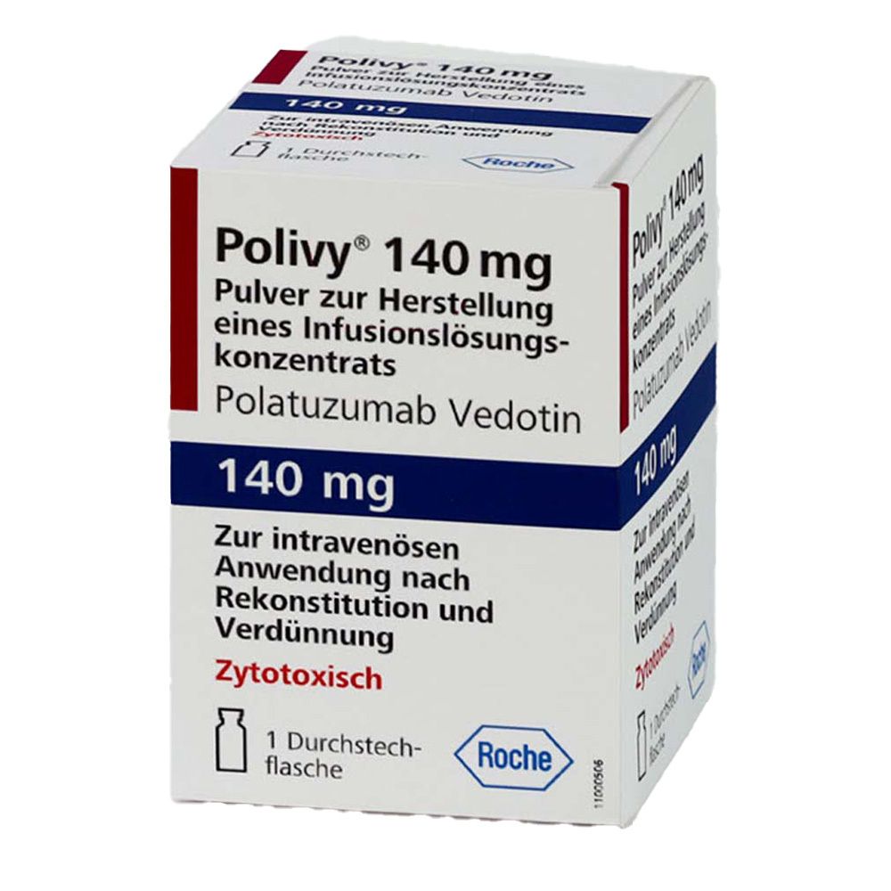 Weiße Faltschachtel mit roter und blauer Schrift. Beschriftung: Polivy 140 mg, Pulver zur Herstellung eines Infusionslösungskonzentrats.