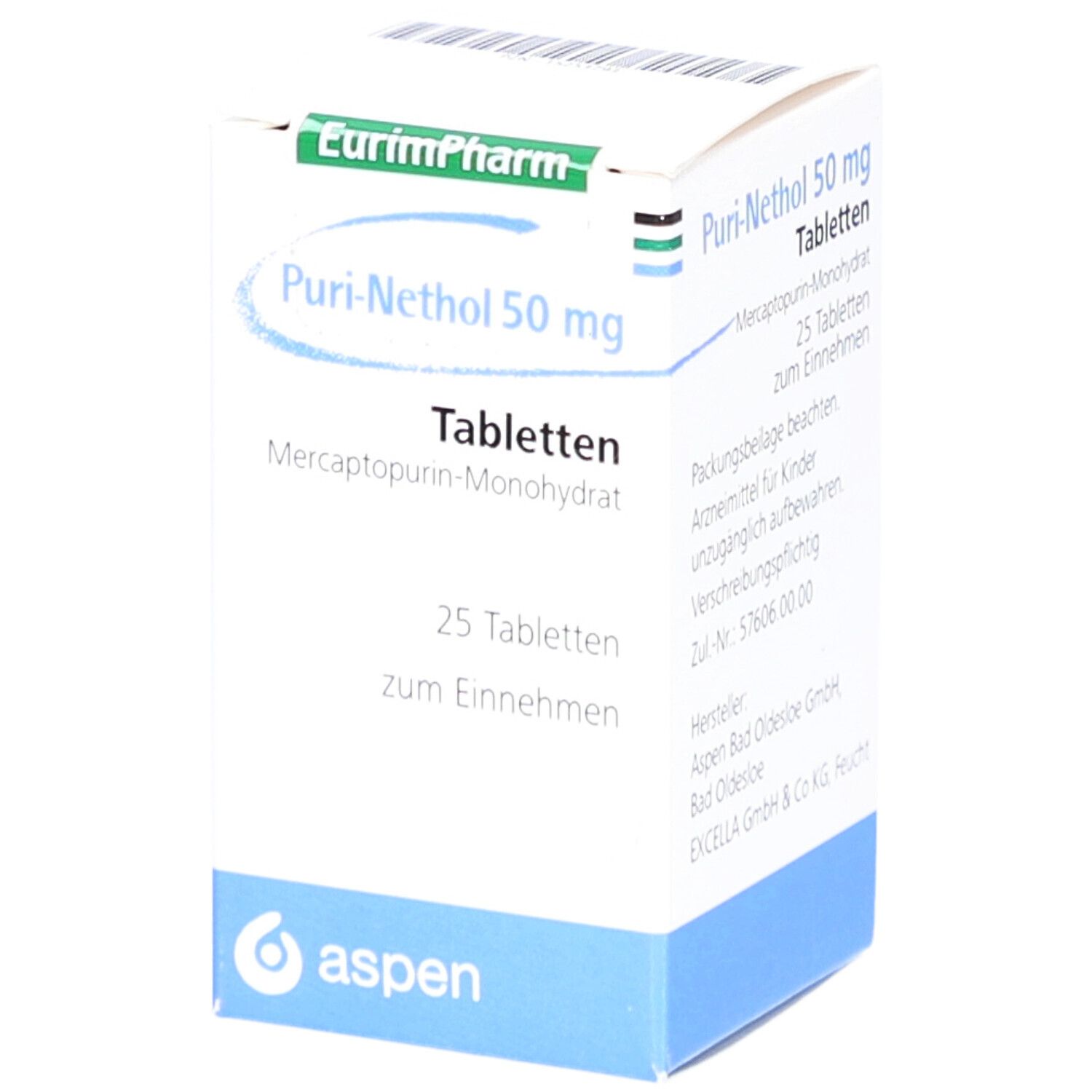 Puri-Nethol 50 mg Tabletten-Packung. Weiße Schachtel mit blauer Basis. Enthält 25 Tabletten. Marke: aspen.