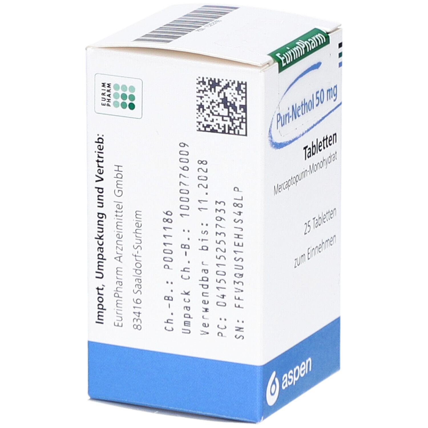 Rückseite der Puri-Nethol 50 mg Tabletten-Packung. Enthält Informationen zu Import, Vertrieb und Chargennummer.