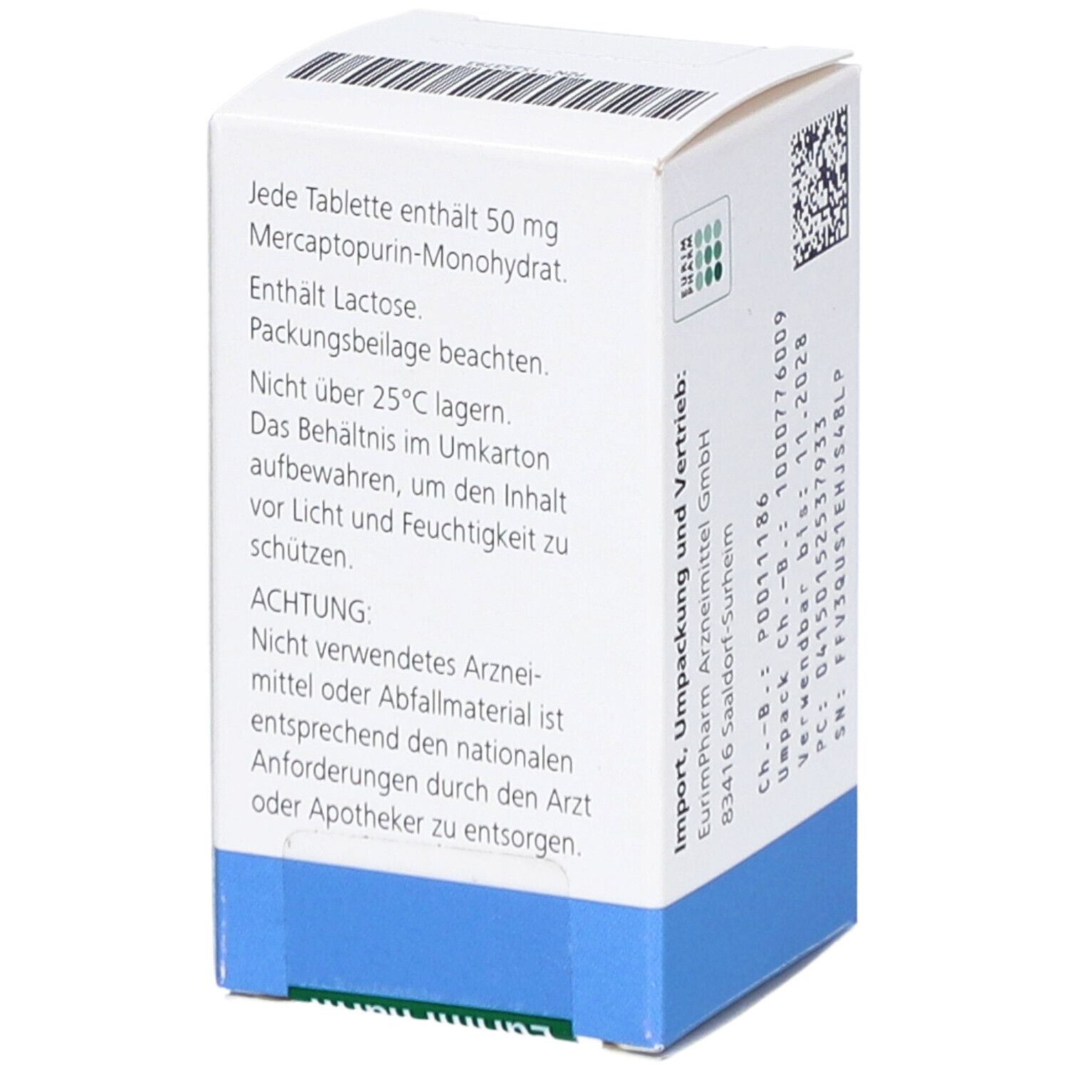 Seitenansicht der Puri-Nethol 50 mg Tabletten-Packung. Enthält Informationen zu Inhaltsstoffen und Warnhinweisen.