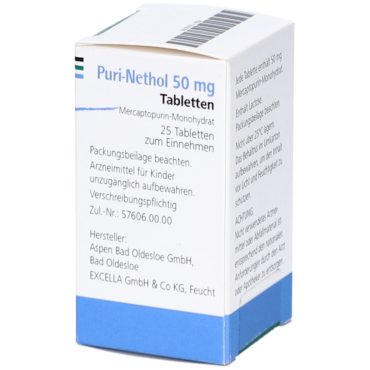 Puri-Nethol 50 mg Tabletten-Packung. Weiße Schachtel mit blauer Basis. Enthält 25 Tabletten. Hersteller: Aspen.