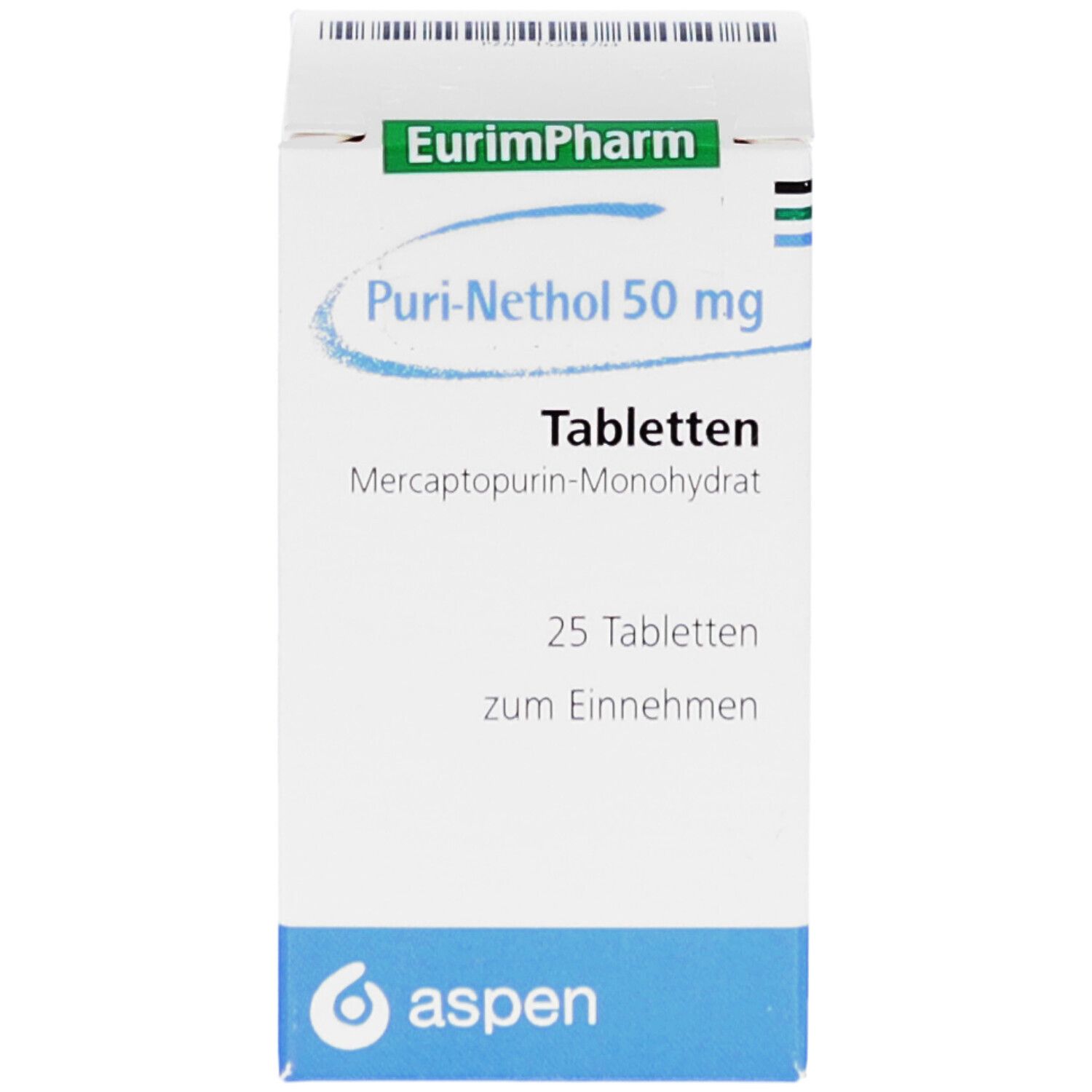 Puri-Nethol 50 mg Tabletten-Packung. Weiße Schachtel mit blauer Basis. Enthält 25 Tabletten. Marke: aspen.