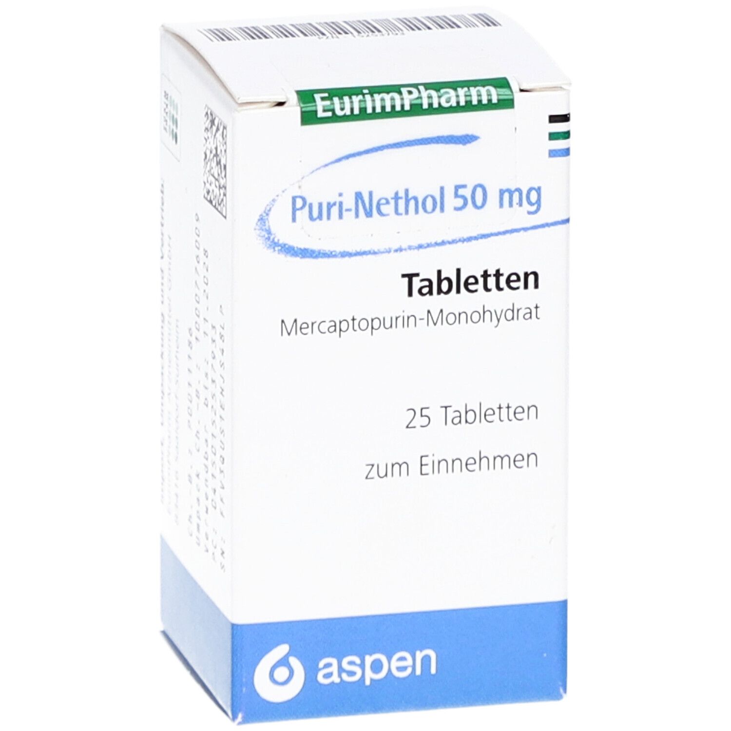 Puri-Nethol 50 mg Tabletten-Packung. Weiße Schachtel mit blauer Basis. Enthält 25 Tabletten. Marke: aspen.