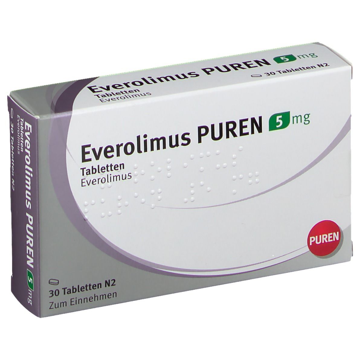 Schachtel Everolimus PUREN 5 mg Tabletten. Aufschrift: 30 Tabletten N2. PUREN-Logo. Braille-Schrift.