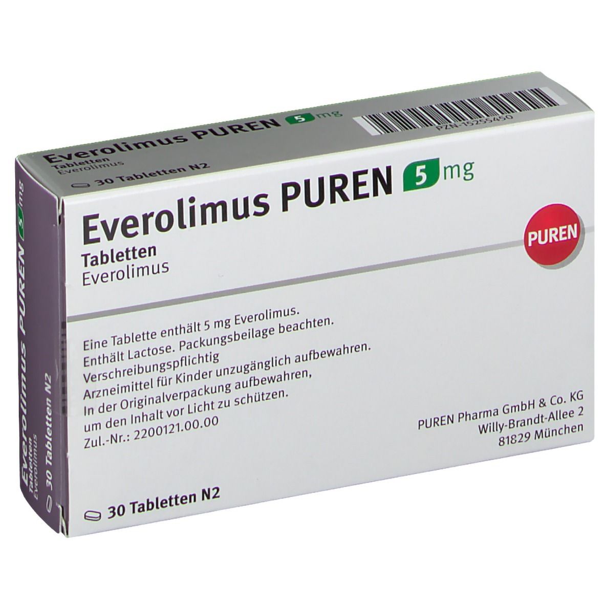 Schachtel Everolimus PUREN 5 mg Tabletten. Aufschrift: 30 Tabletten N2. PUREN-Logo. Text.