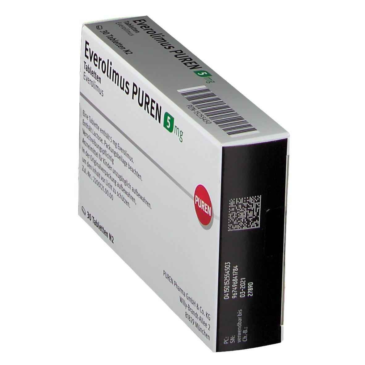 Schachtel Everolimus PUREN 5 mg Tabletten. Aufschrift: 30 Tabletten N2. PUREN-Logo. Barcode.