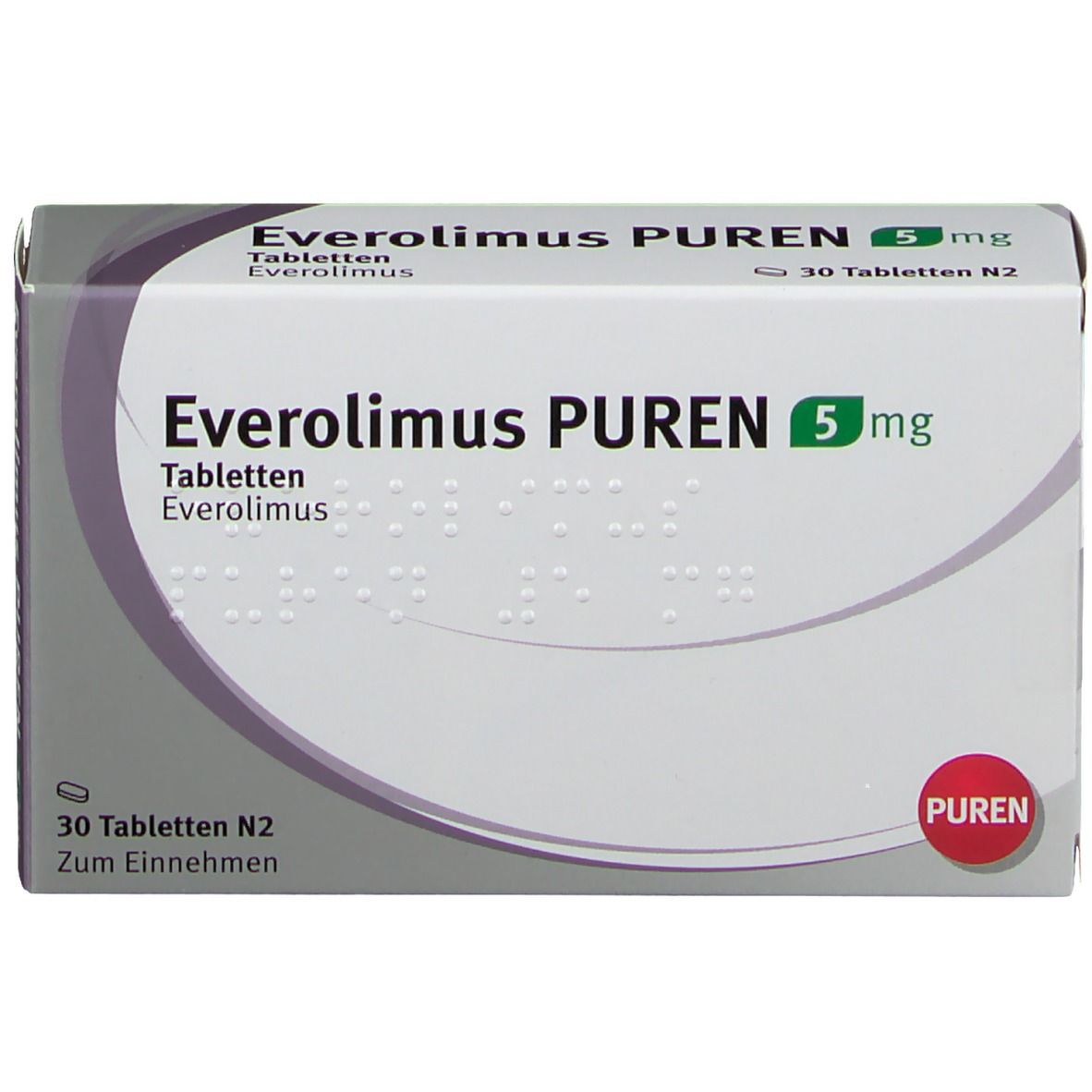 Schachtel Everolimus PUREN 5 mg Tabletten. Aufschrift: 30 Tabletten N2. PUREN-Logo. Braille-Schrift.