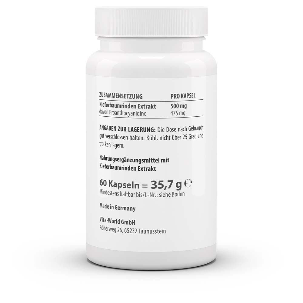 Rückseite der Kapsel-Dose. Auflistung der Inhaltsstoffe, Lagerungshinweise, Herstellerinformationen und 60 Kapseln = 35,7 g.