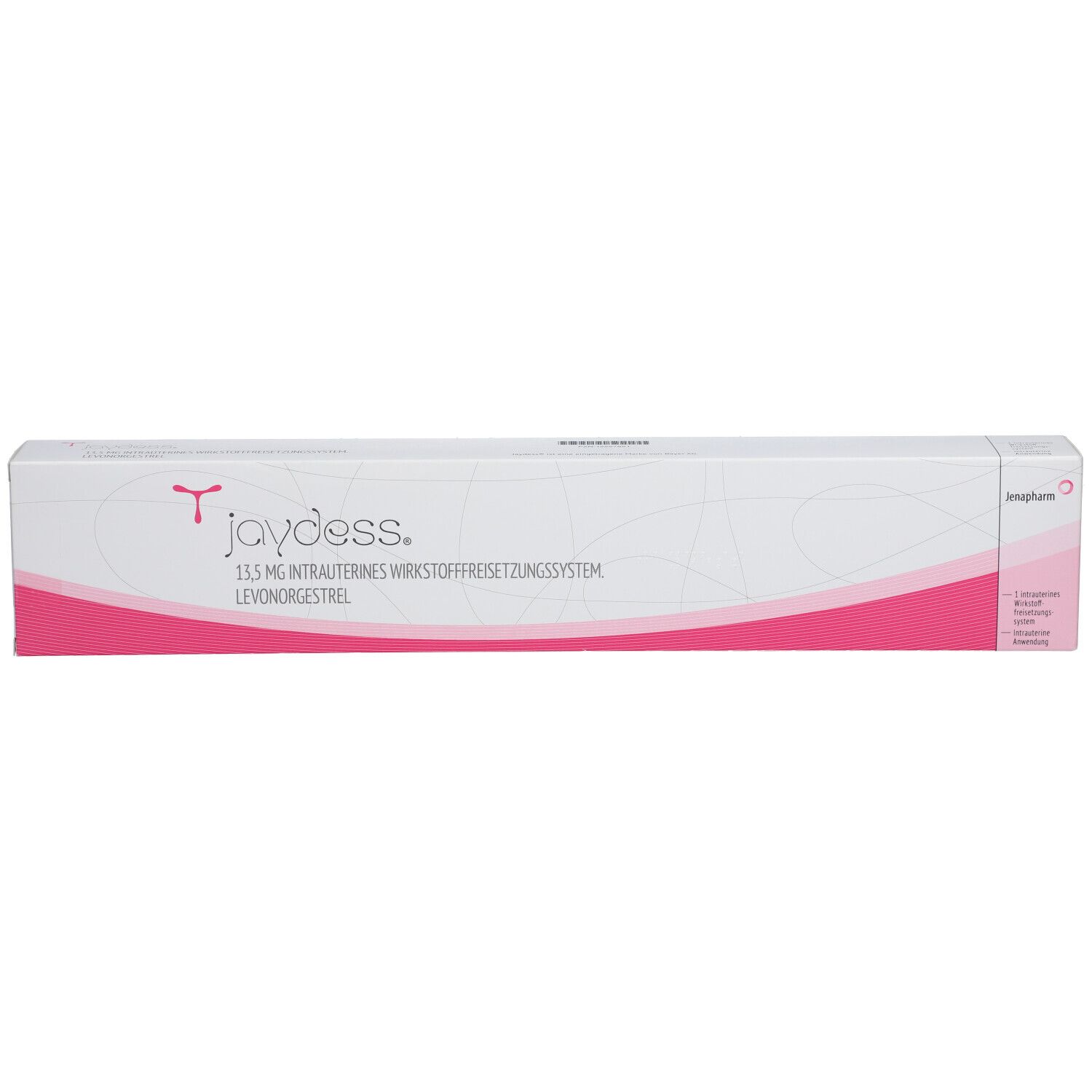 Schachtel mit Produktnamen JAYDESS, 13,5 mg intrauterines Wirkstofffreisetzungssystem. Rosa und weiße Verpackung.