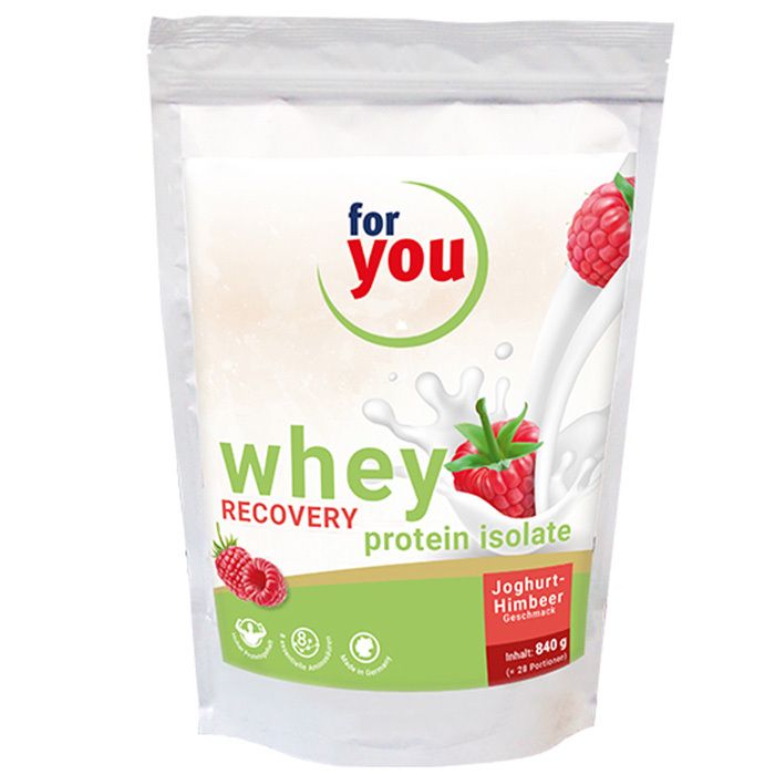 Beutel mit "for you whey recovery". Himbeeren und Milch spritzen. Text: "Joghurt-Himbeer Geschmack".