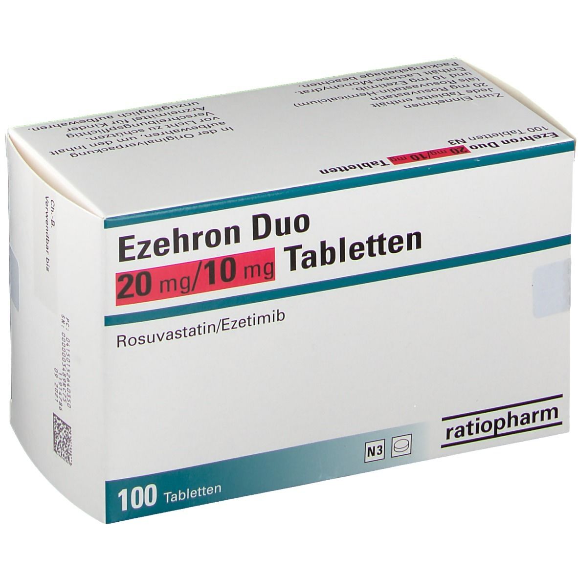 Ezehron Duo Tabletten-Packung. 20 mg/10 mg. 100 Tabletten. ratiopharm-Logo. N3-Kennzeichnung.