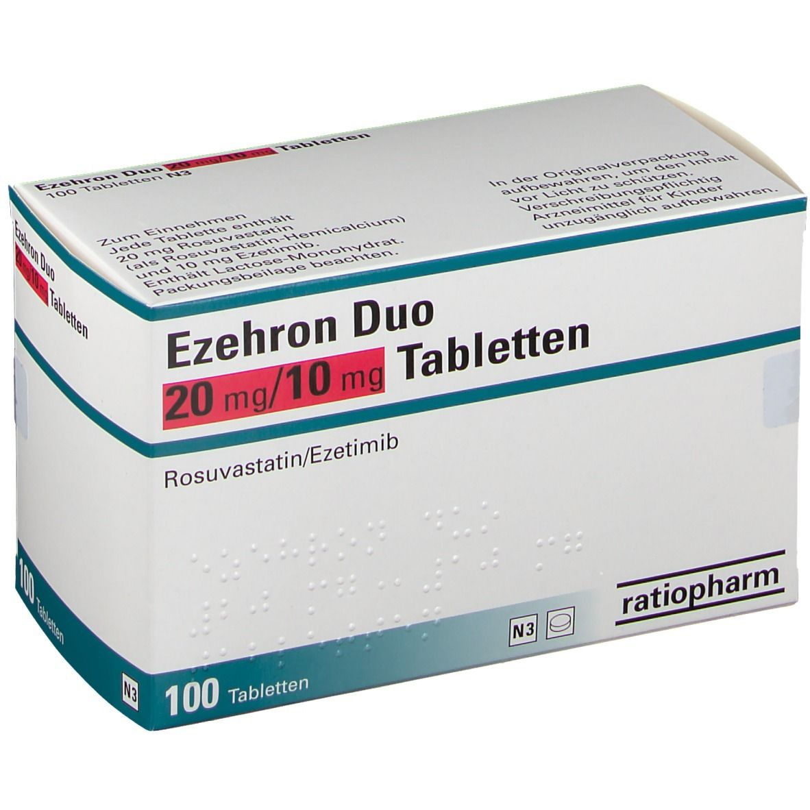 Ezehron Duo Tabletten-Packung. 20 mg/10 mg. 100 Tabletten. ratiopharm-Logo. N3-Kennzeichnung.