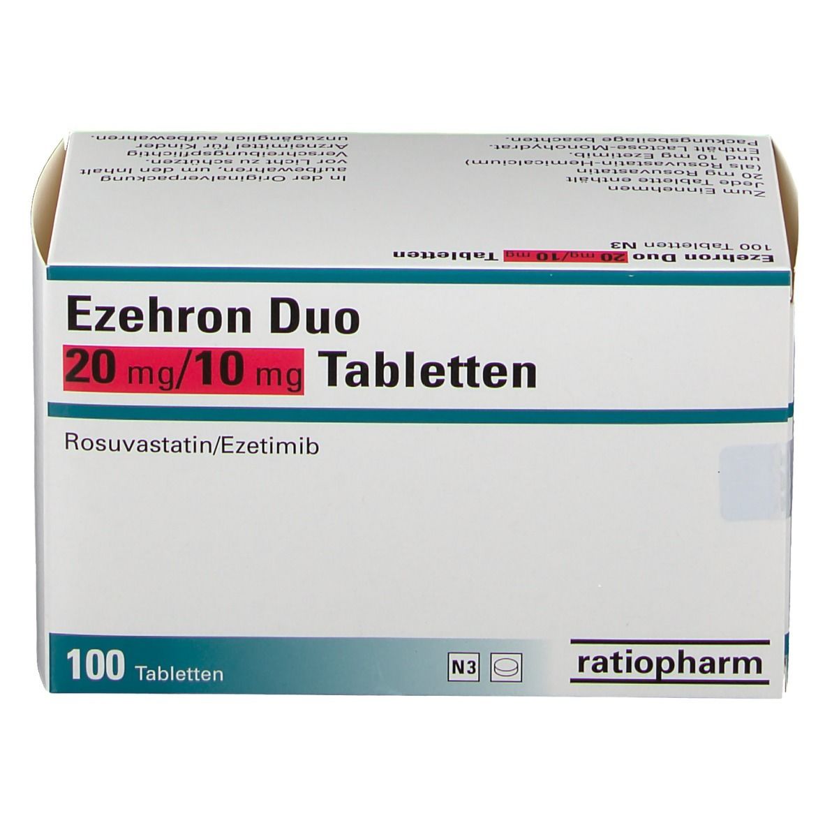 Ezehron Duo Tabletten-Packung. 20 mg/10 mg. 100 Tabletten. ratiopharm-Logo. N3-Kennzeichnung.
