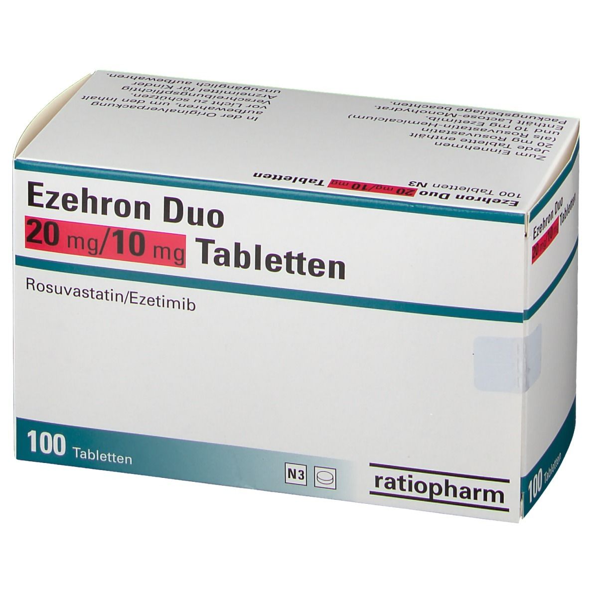 Ezehron Duo Tabletten-Packung. 20 mg/10 mg. 100 Tabletten. ratiopharm-Logo. N3-Kennzeichnung.