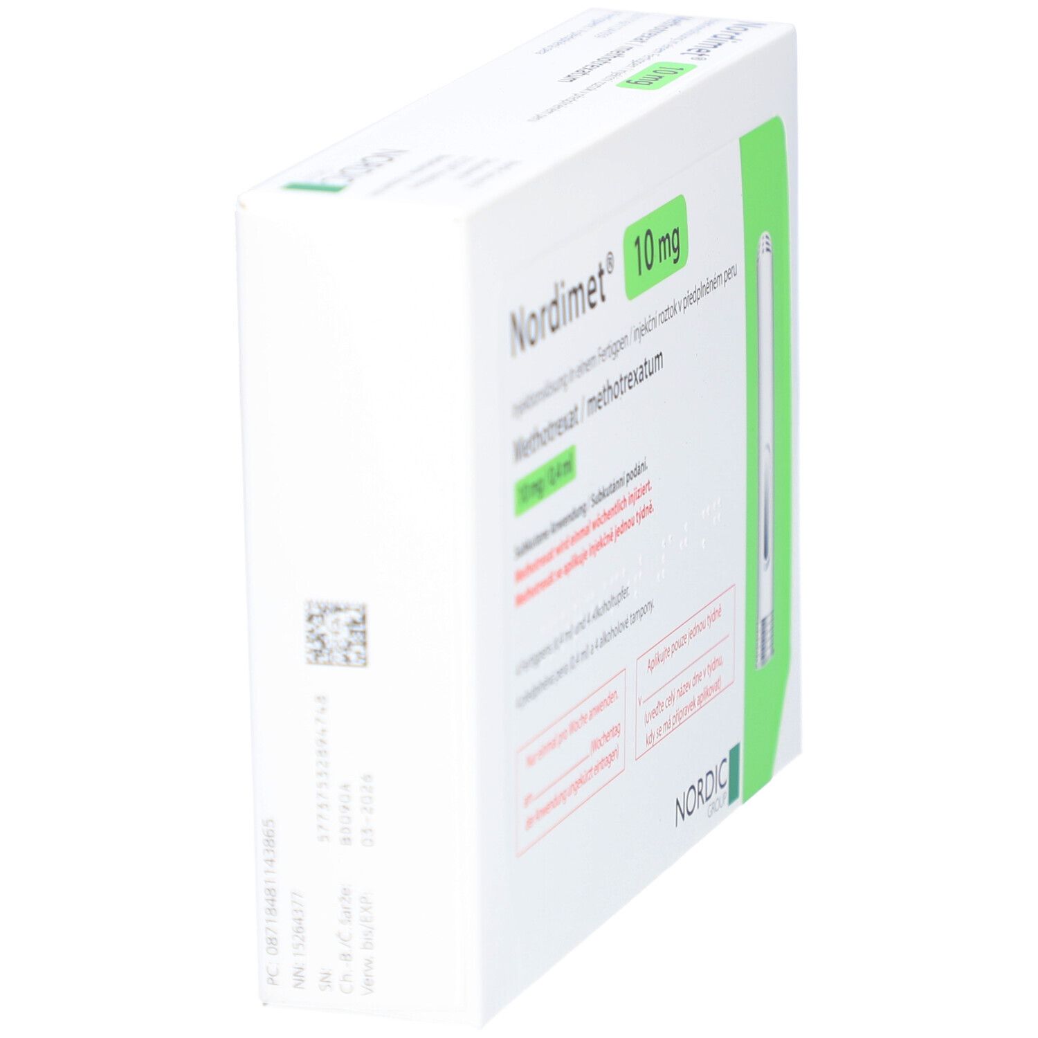 Schrägansicht der Verpackung von Nordimet® 10 mg. Weiße Schachtel mit grünen Akzenten und Text.