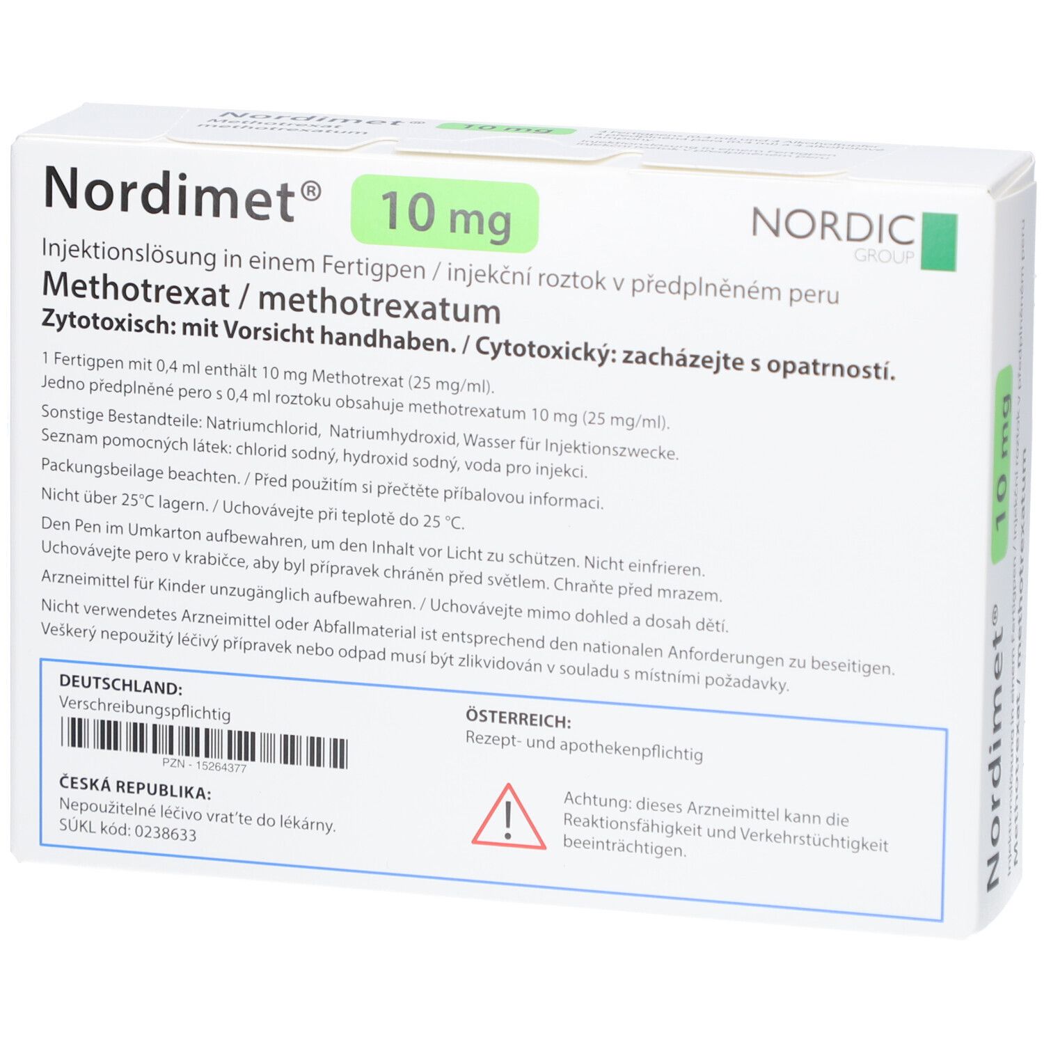 Rückseite der Verpackung von Nordimet® 10 mg. Enthält Informationen und Warnhinweise in verschiedenen Sprachen.