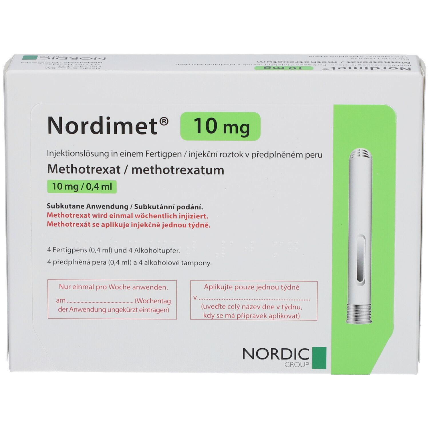 Verpackung von Nordimet® 10 mg. Enthält Injektionslösung und Fertigspritzen. Aufschrift: Methotrexat.