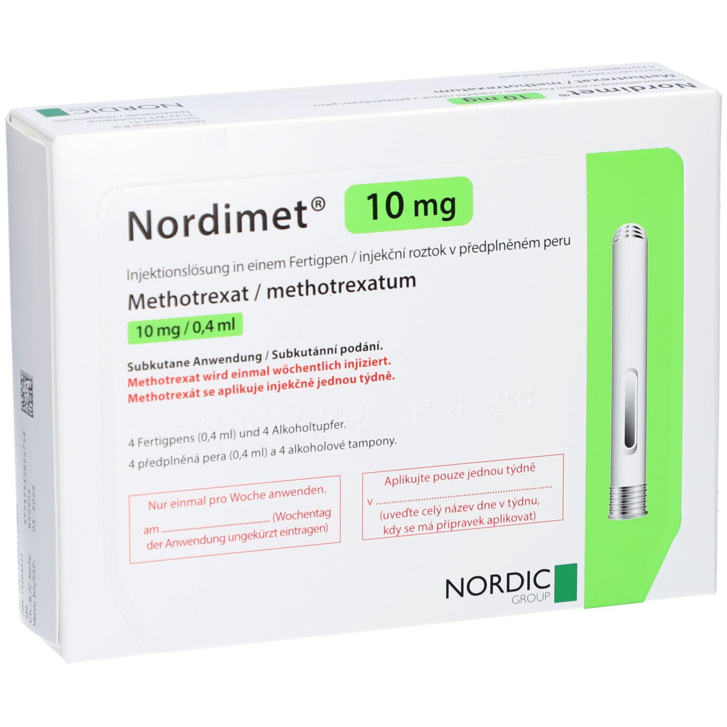 Verpackung von Nordimet® 10 mg. Enthält Injektionslösung und Fertigspritzen. Aufschrift: Methotrexat.