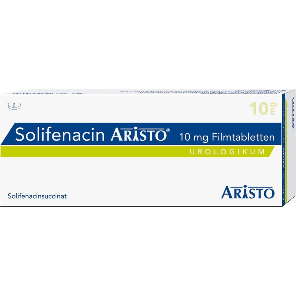 Solifenacin Aristo® 10 mg Filmtabletten-Packung. Weiße Schachtel mit blauer und grüner Schrift. Aristo-Logo.