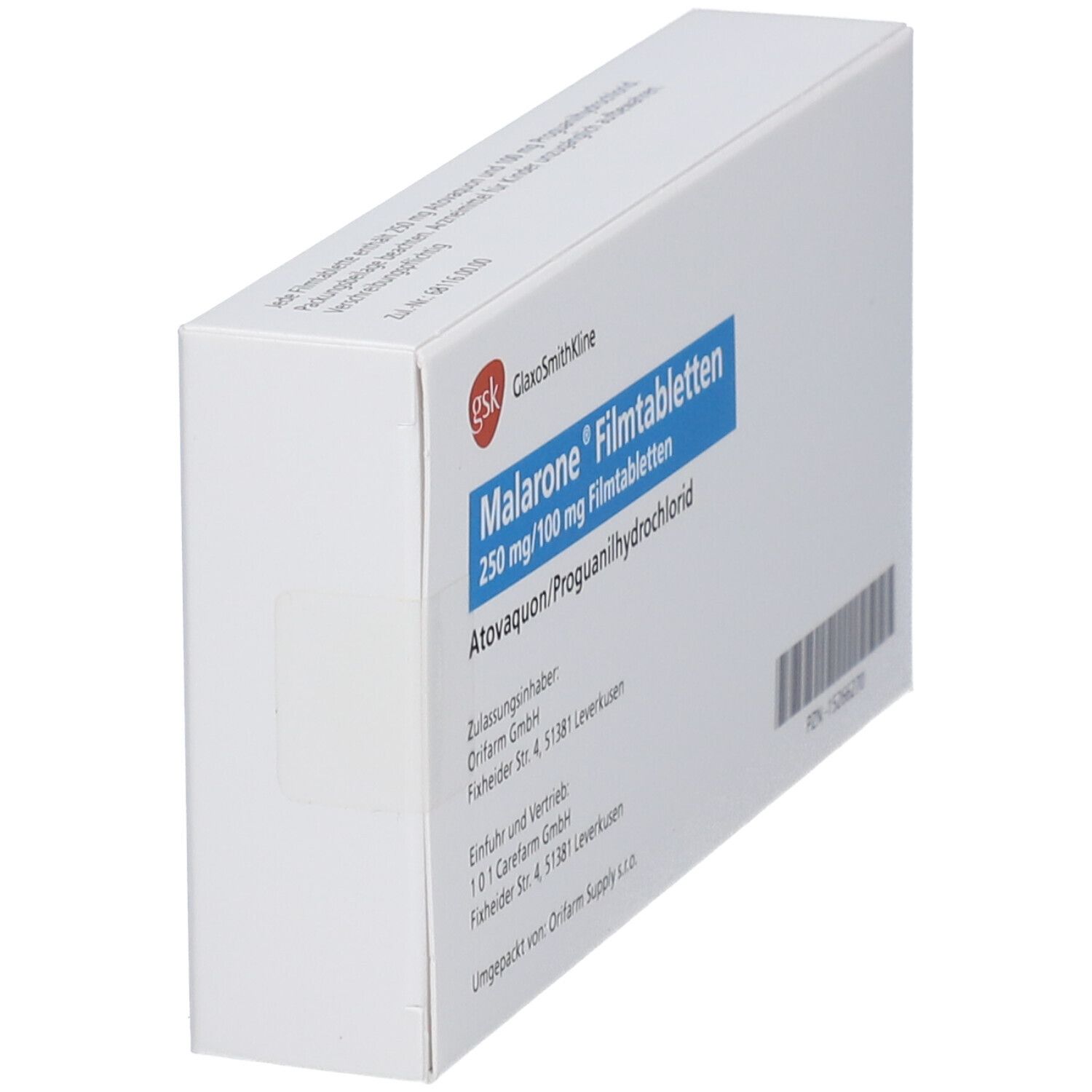 Weiße Schachtel mit blauer Beschriftung. Malarone® Filmtabletten 250 mg/100 mg. Hersteller: GlaxoSmithKline.