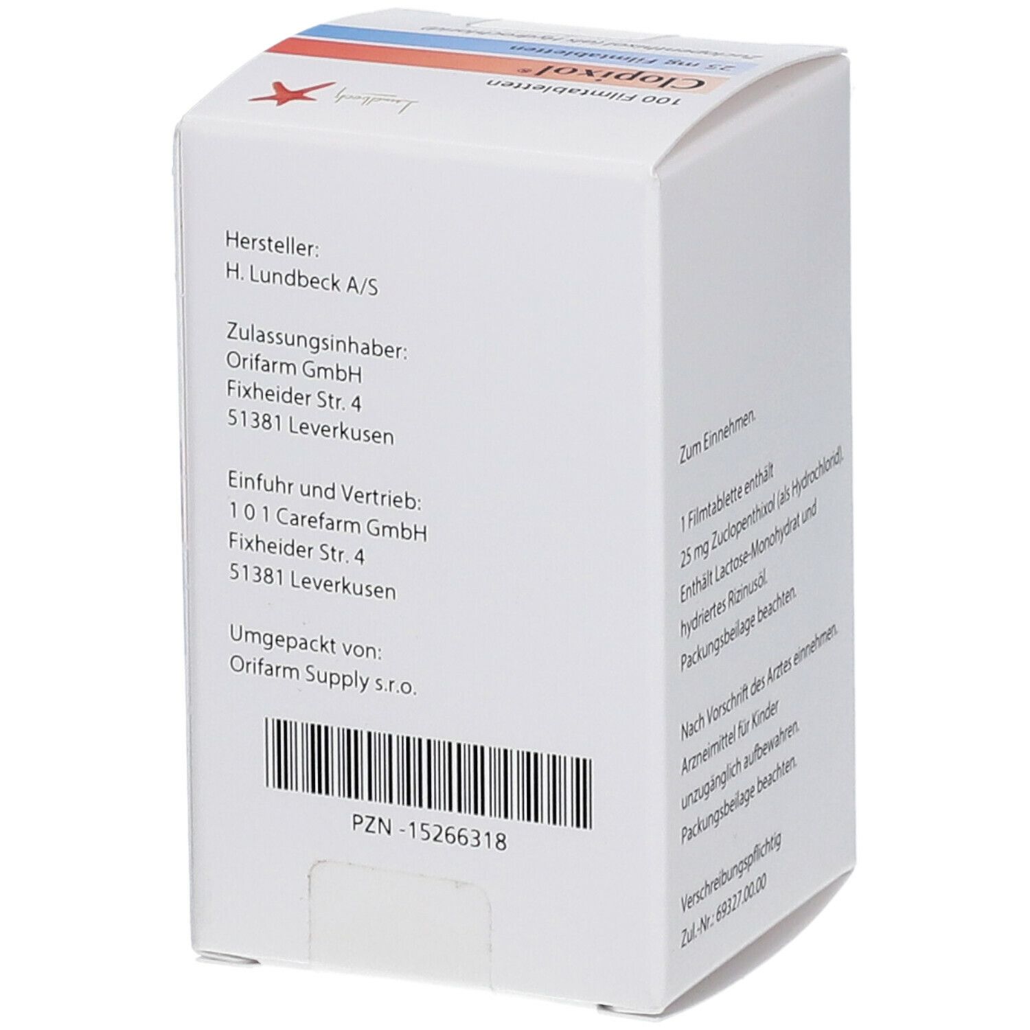 Rückseite einer weißen Schachtel mit Hersteller- und Vertriebsinformationen. Barcode und PZN-Nummer.