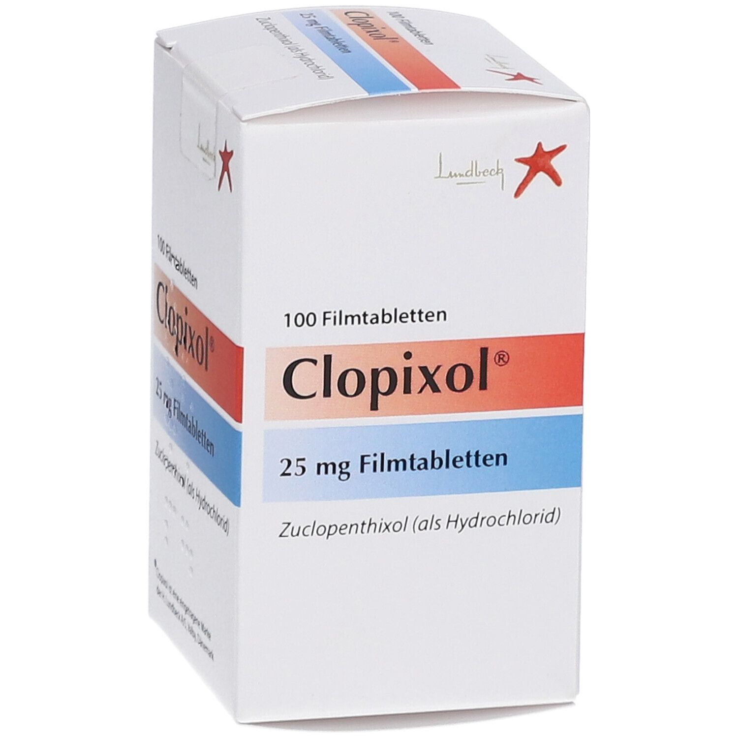 Weiße Schachtel mit "Clopixol 25 mg Filmtabletten". Enthält 100 Tabletten. Marke "Clopixol" deutlich sichtbar.