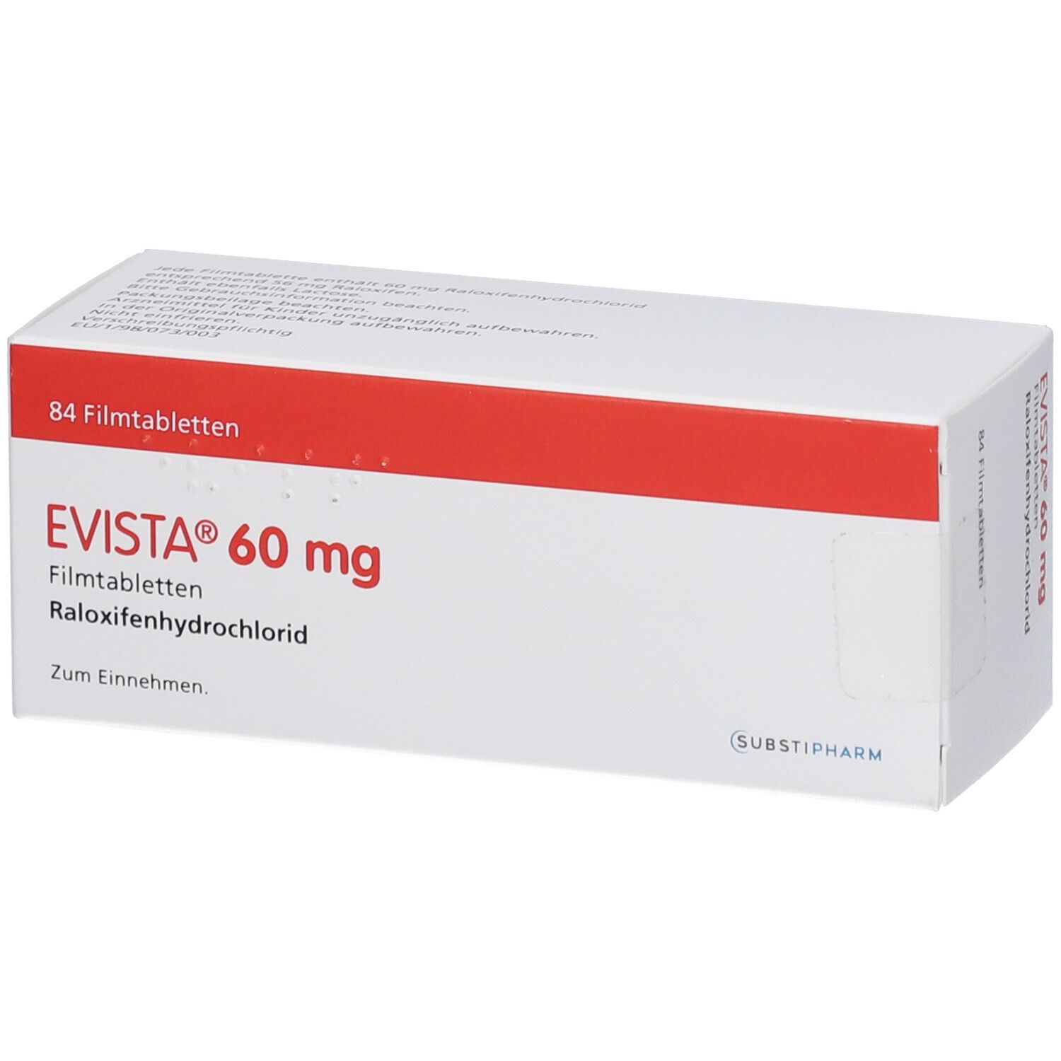 EVISTA 60 mg Filmtabletten-Packung. Weiße Schachtel mit rotem Streifen. Aufschrift: EVISTA, 84 Filmtabletten, Raloxifenhydrochlorid.